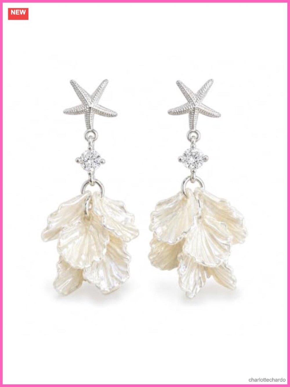 Starfish Shell Drop Earrings Pearl Dangle Silver Tone Ocean Statement
